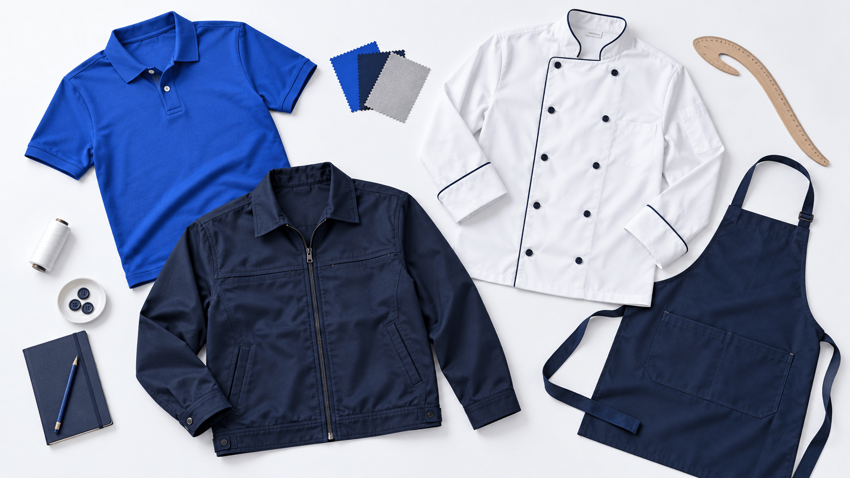 Custom navy and blue garments with fabric swatches and design tools