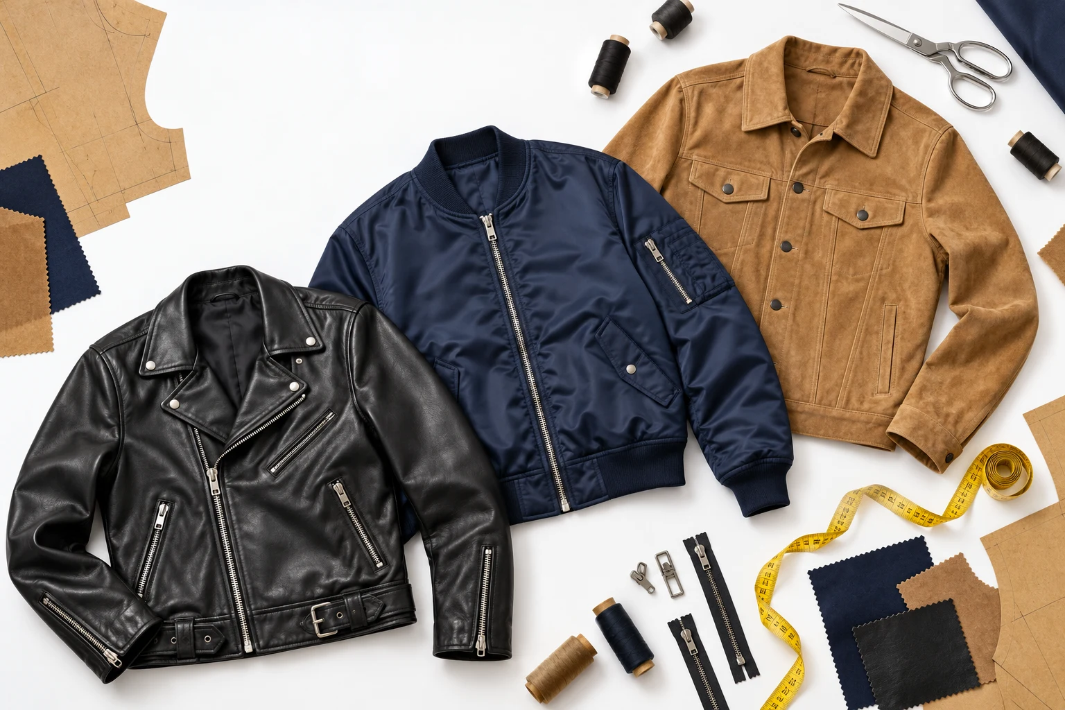 Leather, bomber and suede jackets arranged with sewing patterns, fabric swatches and tailoring tools