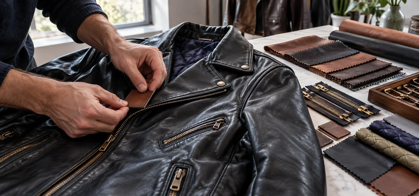 Craftsperson adding a leather brand patch to a black leather jacket beside leather and hardware samples