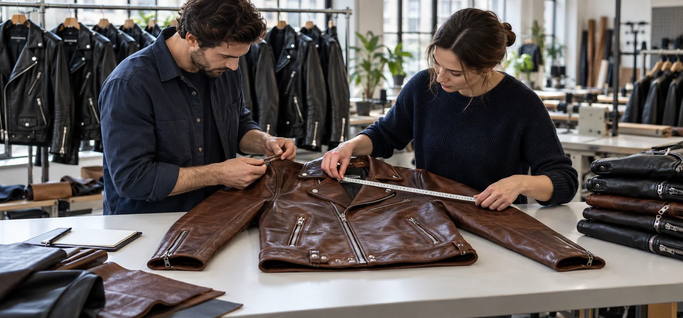 Workshop inspectors measuring a brown leather jacket and checking its stitching during quality control